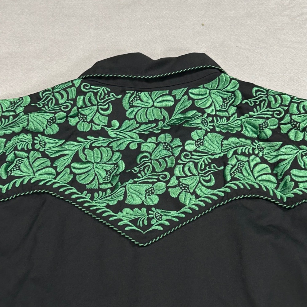 Scully Mens Western Gunfighter Shirt Black Green Embroidered Pearl Snap P-634 L - Picture 9 of 11